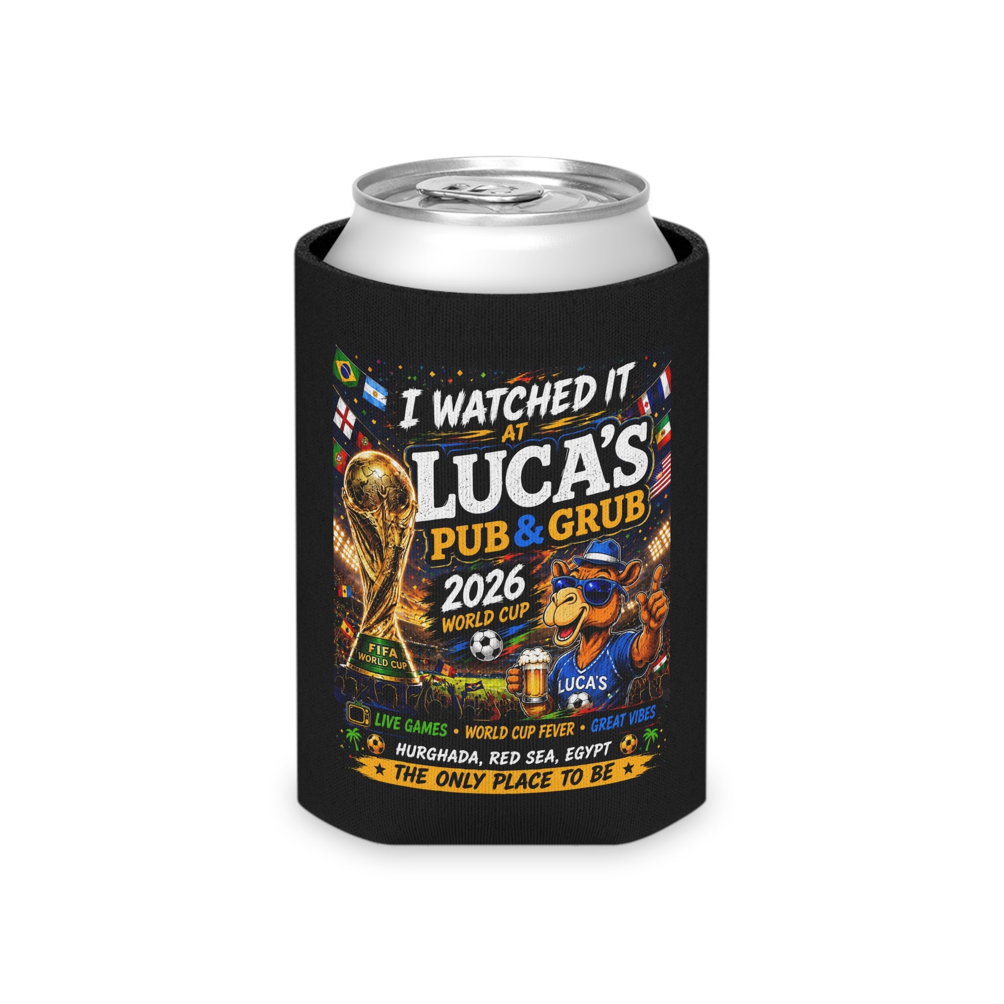 I Watched It At Luca's Pub Can Cooler - Personalized Soccer World Cup Bar Koozie
