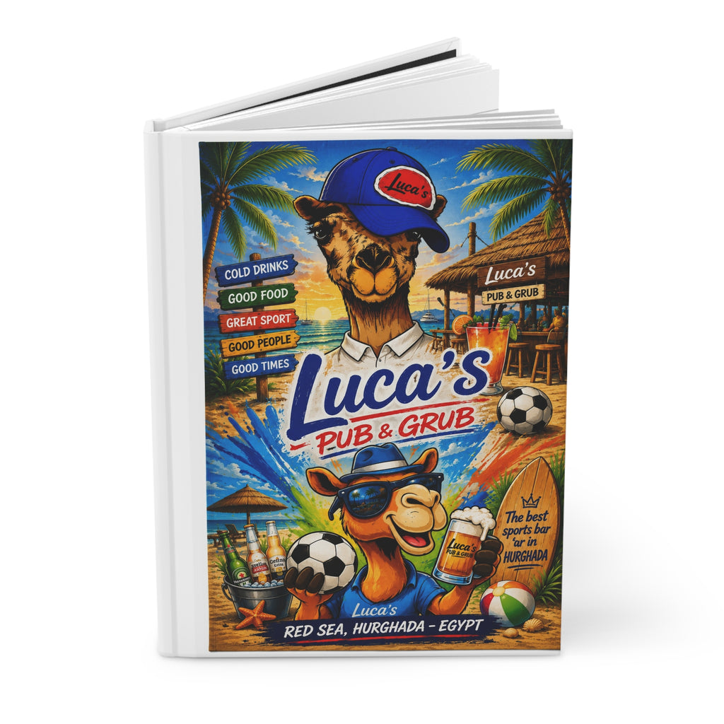 Luca’s Pub & Grub Hardcover Journal — Humorous Camel Sports Bar Notebook (Hurghada, Egypt)