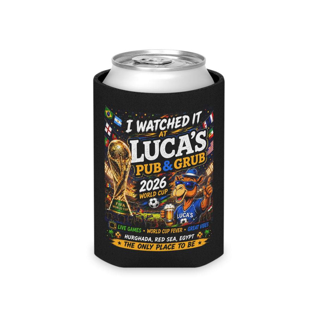 I Watched It At Luca's Pub Can Cooler - Personalized Soccer World Cup Bar Koozie